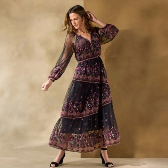 Sundance Dresses & Skirts - Sundance Soiree In Vienna Dress Black Sheer Embroidered Floral Maxi Boho Size PS